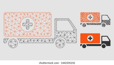 Mesh drugs shipment model with triangle mosaic icon. Wire frame polygonal mesh of drugs shipment. Vector mosaic of triangles in variable sizes and color tinges. Abstract flat mesh drugs shipment,