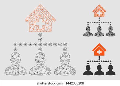 Mesh drugstore clients model with triangle mosaic icon. Wire frame polygonal mesh of drugstore clients. Vector collage of triangle parts in different sizes and color shades.