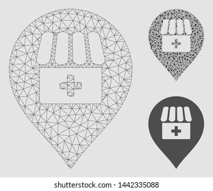 Mesh drugstore map marker model with triangle mosaic icon. Wire frame triangular mesh of drugstore map marker. Vector mosaic of triangle elements in variable sizes and color tinges.