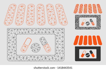 Mesh drugstore model with triangle mosaic icon. Wire frame polygonal mesh of drugstore. Vector mosaic of triangle parts in different sizes and color tones. Abstract flat mesh drugstore,