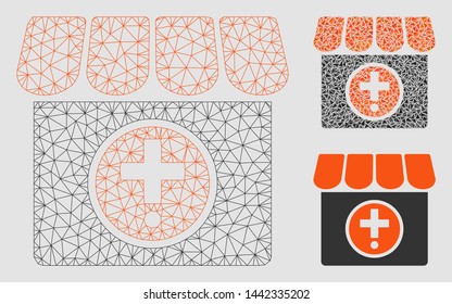 Mesh drugstore model with triangle mosaic icon. Wire frame triangular network of drugstore. Vector collage of triangle parts in various sizes and color tints. Abstract flat mesh drugstore,