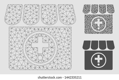 Mesh drugstore model with triangle mosaic icon. Wire frame polygonal mesh of drugstore. Vector mosaic of triangle parts in various sizes and color hues. Abstract flat mesh drugstore,