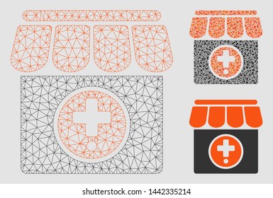 Mesh drugstore model with triangle mosaic icon. Wire carcass triangular mesh of drugstore. Vector mosaic of triangle elements in various sizes and color hues. Abstract 2d mesh drugstore,