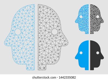 Mesh dual face model with triangle mosaic icon. Wire frame polygonal network of dual face. Vector composition of triangle parts in various sizes and color tinges. Abstract flat mesh dual face,