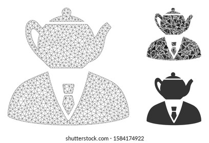 Mesh dummy person model with triangle mosaic icon. Wire frame triangular mesh of dummy person. Vector mosaic of triangle elements in variable sizes, and color tinges. Abstract 2d mesh dummy person,
