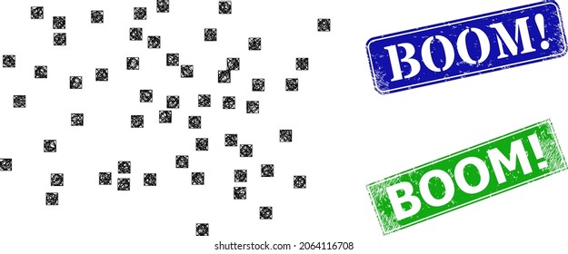 Mesh Dust Particles Image, And Boom Warn Blue And Green Rectangle Scratched Stamp Seals. Polygonal Wireframe Image Created From Dust Particles Icon. Stamp Seals Have Boom Warn Caption Inside Rectangle