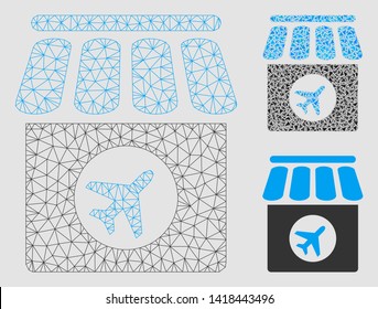 Mesh duty free model with triangle mosaic icon. Wire carcass polygonal mesh of duty free. Vector mosaic of triangle elements in different sizes and color tints. Abstract 2d mesh duty free,