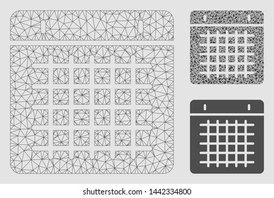 Mesh duty timetable model with triangle mosaic icon. Wire carcass triangular mesh of duty timetable. Vector composition of triangle elements in variable sizes and color tones.