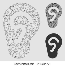Mesh ear model with triangle mosaic icon. Wire carcass polygonal mesh of ear. Vector collage of triangle elements in different sizes and color shades. Abstract flat mesh ear,
