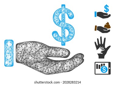 Mesh Einnahmen Hand Web 2d Vektorgrafik. Das Carcass-Modell basiert auf dem Lohn Hand flach Symbol. Mesh bildet abstrakte Einnahmen Hand flachen Schlachtkörper.