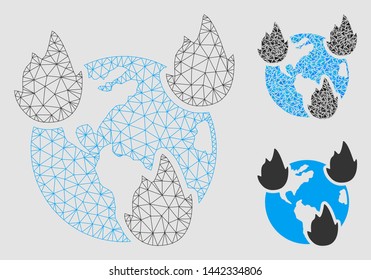 Mesh Earth disasters model with triangle mosaic icon. Wire carcass triangular mesh of Earth disasters. Vector collage of triangle parts in different sizes and color shades.