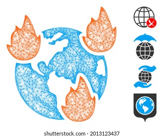 Mesh Earth disasters web 2d vector illustration. Model is based on Earth disasters flat icon. Mesh forms abstract Earth disasters flat carcass. wireframe 2D web network isolated on a white background.