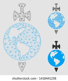 Mesh Earth guard model with triangle mosaic icon. Wire carcass polygonal mesh of Earth guard. Vector collage of triangle elements in variable sizes and color shades. Abstract flat mesh Earth guard,