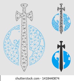 Mesh Earth military protection model with triangle mosaic icon. Wire frame triangular mesh of Earth military protection. Vector mosaic of triangle parts in various sizes and color tinges.