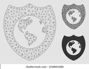 Mesh Earth shield model with triangle mosaic icon. Wire carcass polygonal mesh of Earth shield. Vector mosaic of triangles in variable sizes and color tints. Abstract flat mesh Earth shield,