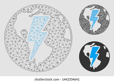 Mesh Earth shock model with triangle mosaic icon. Wire carcass triangular mesh of Earth shock. Vector mosaic of triangle elements in various sizes and color shades. Abstract 2d mesh Earth shock,