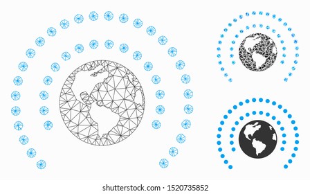 Mesh Earth sphere shield model with triangle mosaic icon. Wire frame triangular mesh of Earth sphere shield. Vector mosaic of triangle elements in various sizes, and color hues.