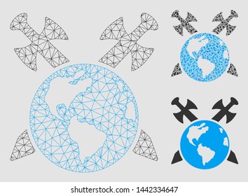 Mesh Earth swords model with triangle mosaic icon. Wire carcass triangular mesh of Earth swords. Vector mosaic of triangle elements in different sizes and color tones. Abstract flat mesh Earth swords,