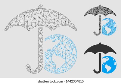 Mesh Earth umbrella model with triangle mosaic icon. Wire carcass triangular mesh of Earth umbrella. Vector mosaic of triangle elements in variable sizes and color tinges.