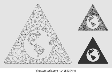 Mesh Earth warning model with triangle mosaic icon. Wire frame polygonal mesh of Earth warning. Vector mosaic of triangle parts in variable sizes and color shades. Abstract flat mesh Earth warning,