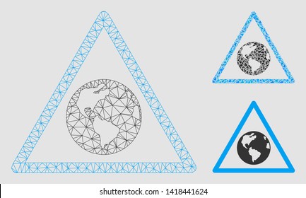 Mesh Earth warning model with triangle mosaic icon. Wire frame polygonal mesh of Earth warning. Vector mosaic of triangle elements in different sizes and color tones. Abstract 2d mesh Earth warning,