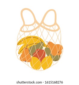 Mesh eco bag full of fresh fruit (lemon, avocado, banana, pear). Modern shopping bag with fresh organic food from local market isolated on white background. Vector illustration in flat cartoon style.