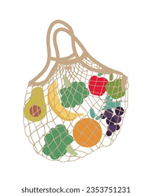 Mesh eco bag full of fruit and vegetables (grape, orange, apple, banana, broccoli, avocado). Modern shopping bag with fresh organic food from local market isolated on green background.