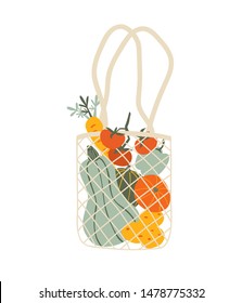 Mesh eco bag full of vegetables isolated on white background. Modern shopper with fresh organic food from local market. Vector illustration in flat cartoon style.