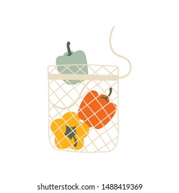 Mesh eco bag full of vegetables isolated on white background. Modern shopper with fresh organic pepper from local market. Vector illustration in flat cartoon style.