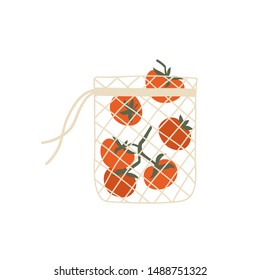 Mesh eco bag full of vegetables isolated on white background. Modern shopper with fresh organic toatoes from local market. Vector illustration in flat cartoon style.