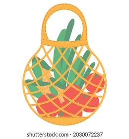 Mesh eco bag full of vegetables isolated on white background. Shopping for organic products.