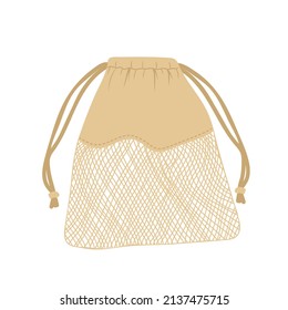 Mesh eco bag isolated on white background. Natural and biodegradable material pouch. Vector illustration in flat cartoon style. Eco friendly product. Zero waste concept. No plastic.