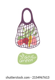 Bolsa ecológica de malla con verduras aisladas en fondo blanco. Tienda moderna con comida orgánica fresca. Ilustración vectorial.