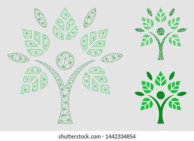 Mesh eco man model with triangle mosaic icon. Wire carcass polygonal mesh of eco man. Vector collage of triangle parts in various sizes and color tints. Abstract flat mesh eco man,