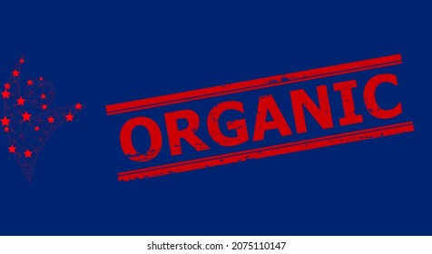 Mesh Öko-Mann polygonal Symbol Vektorgrafik, und roter ORGANISCHER Kautschukdruck. Das Carcass-Modell basiert auf dem öko-man-Flachsymbol, mit Sternen und polygonalen Maschen. ORGANISCHE Markierung ist zwischen parallelen Linien.