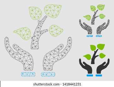 Mesh eco project model with triangle mosaic icon. Wire carcass triangular network of eco project. Vector collage of triangle elements in various sizes and color hues. Abstract 2d mesh eco project,
