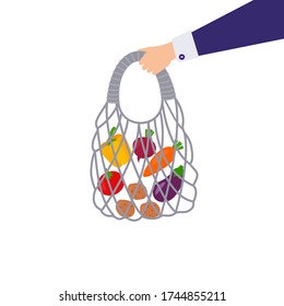 Mesh eco shopping bag full of fresh with fresh organic food: potato, carrot, zucchini. Zero waste concept. Healthy eating. Vector illustration for banner, web page, flayer, advertising, presentation