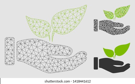 Mesh eco startup hand model with triangle mosaic icon. Wire frame polygonal network of eco startup hand. Vector mosaic of triangle parts in variable sizes and color tints.
