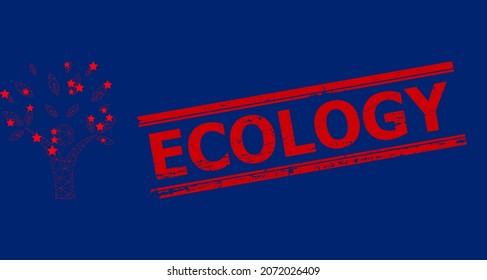 Mesh ecology man polygonal icon vector illustration, and red ECOLOGY corroded stamp imitation. Model is created from ecology man flat icon, with stars and polygonal mesh.