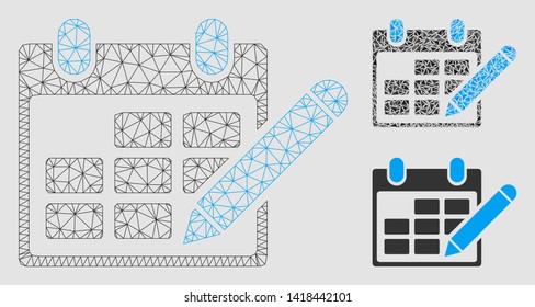 Mesh edit calendar table model with triangle mosaic icon. Wire frame triangular mesh of edit calendar table. Vector mosaic of triangle elements in different sizes and color tints.