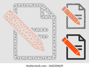 Mesh edit records model with triangle mosaic icon. Wire carcass polygonal mesh of edit records. Vector collage of triangle elements in variable sizes and color shades. Abstract flat mesh edit records,