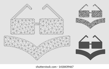 Mesh education book model with triangle mosaic icon. Wire carcass triangular network of education book. Vector mosaic of triangle elements in variable sizes and color tones.