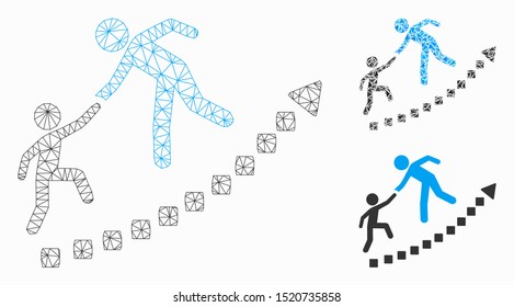 Mesh education growth model with triangle mosaic icon. Wire carcass triangular mesh of education growth. Vector composition of triangle elements in variable sizes, and color tones.
