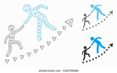 Mesh education progress model with triangle mosaic icon. Wire carcass triangular mesh of education progress. Vector collage of triangle parts in different sizes, and color tones.