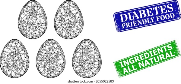 Mesh eggs model, and Diabetes Friendly Food blue and green rectangular unclean stamp seals. Mesh wireframe symbol created from eggs icon.