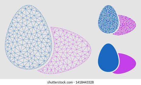 Mesh eggs model with triangle mosaic icon. Wire carcass polygonal mesh of eggs. Vector composition of triangle parts in different sizes and color tints. Abstract 2d mesh eggs,