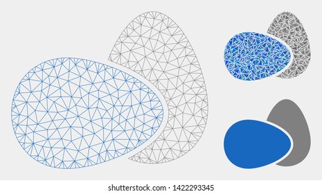 Mesh eggs model with triangle mosaic icon. Wire frame polygonal mesh of eggs. Vector mosaic of triangle parts in variable sizes and color hues. Abstract 2d mesh eggs, designed with triangles.