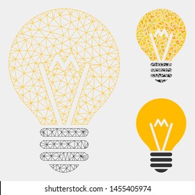 Mesh electric bulb model with triangle mosaic icon. Wire carcass triangular mesh of electric bulb. Vector mosaic of triangle elements in various sizes and color tones.
