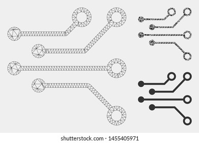 Mesh electric circuit model with triangle mosaic icon. Wire frame polygonal network of electric circuit. Vector mosaic of triangle parts in various sizes and color hues.