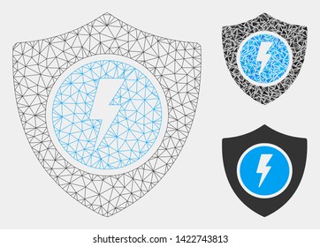 Mesh electric guard model with triangle mosaic icon. Wire frame polygonal mesh of electric guard. Vector collage of triangle parts in different sizes and color shades.